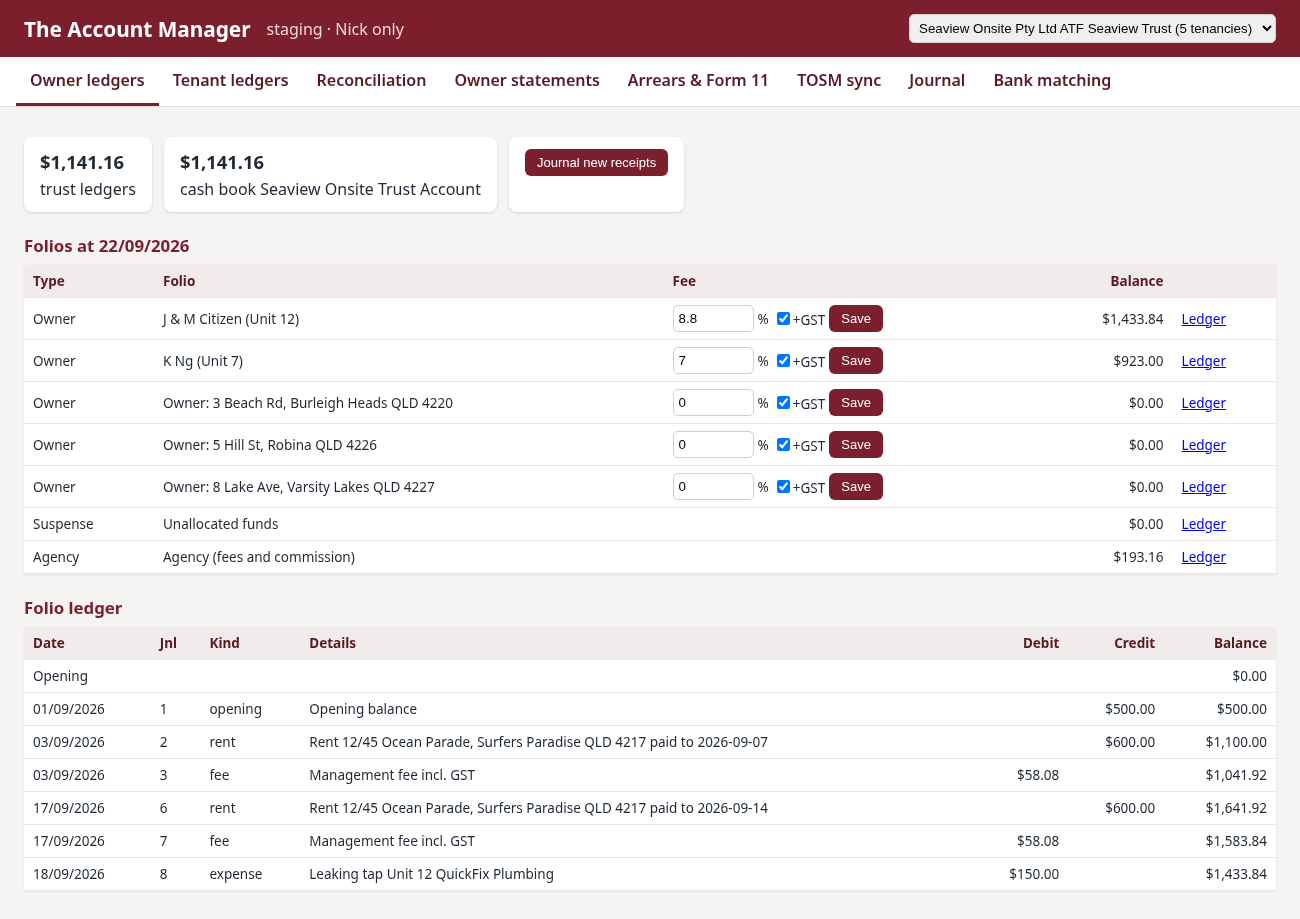 Owner ledgers: every owner's balance, receipts and disbursements at a glance.