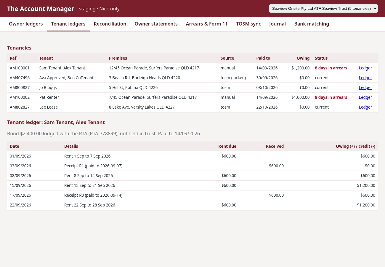 Tenant ledger: rent charged, received and the running paid-to date.