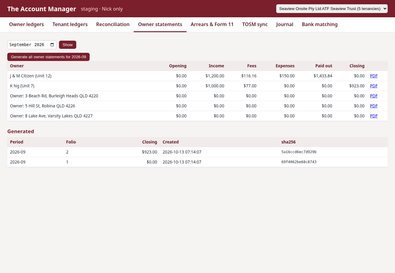 Owner statements, ready to download as PDFs and send.