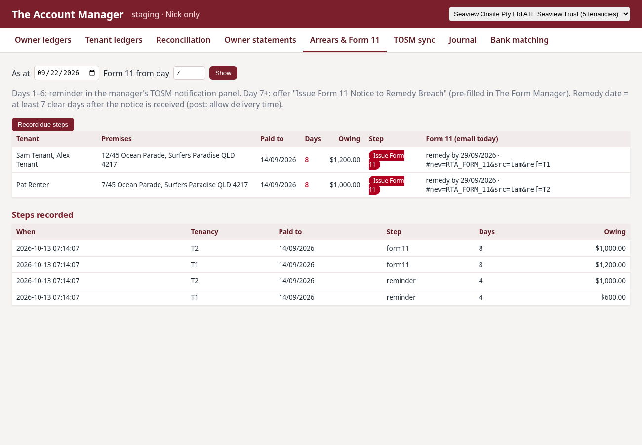 Arrears report with a direct link to Form 11.