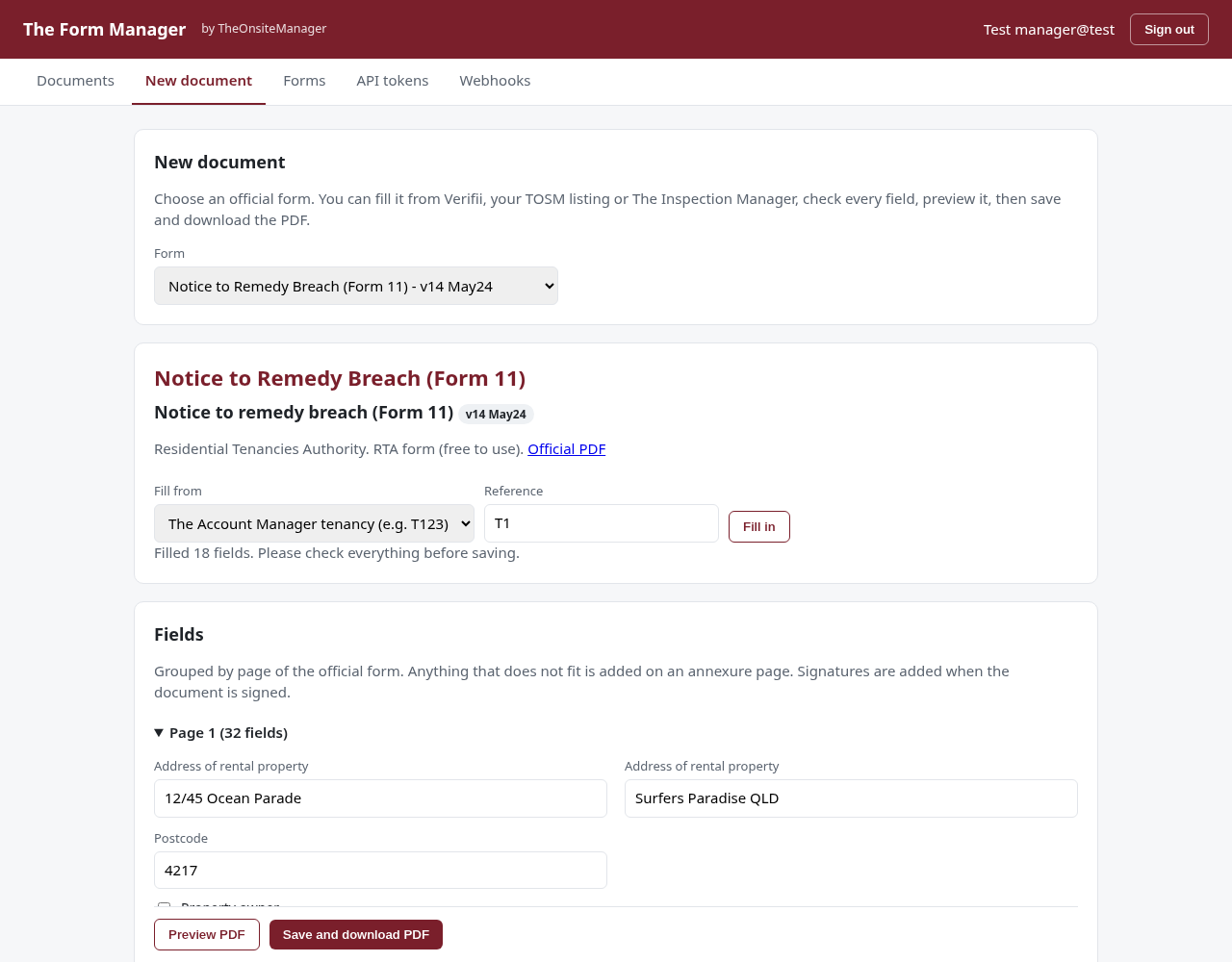 Form 11 prefilled from the tenant ledger in The Form Manager.