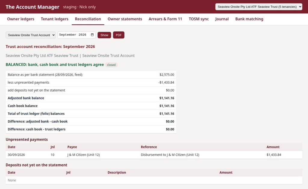 The Account Manager trust reconciliation screen