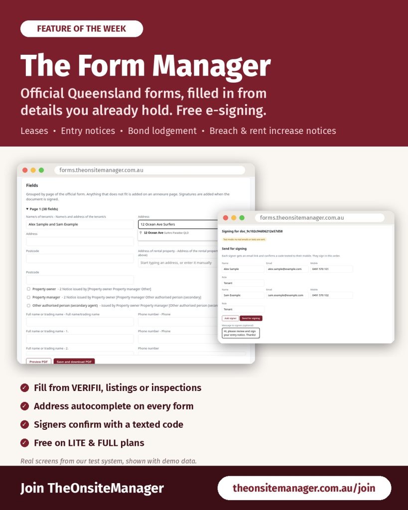 The Form Manager by TheOnsiteManager: official Queensland forms filled in and signed electronically