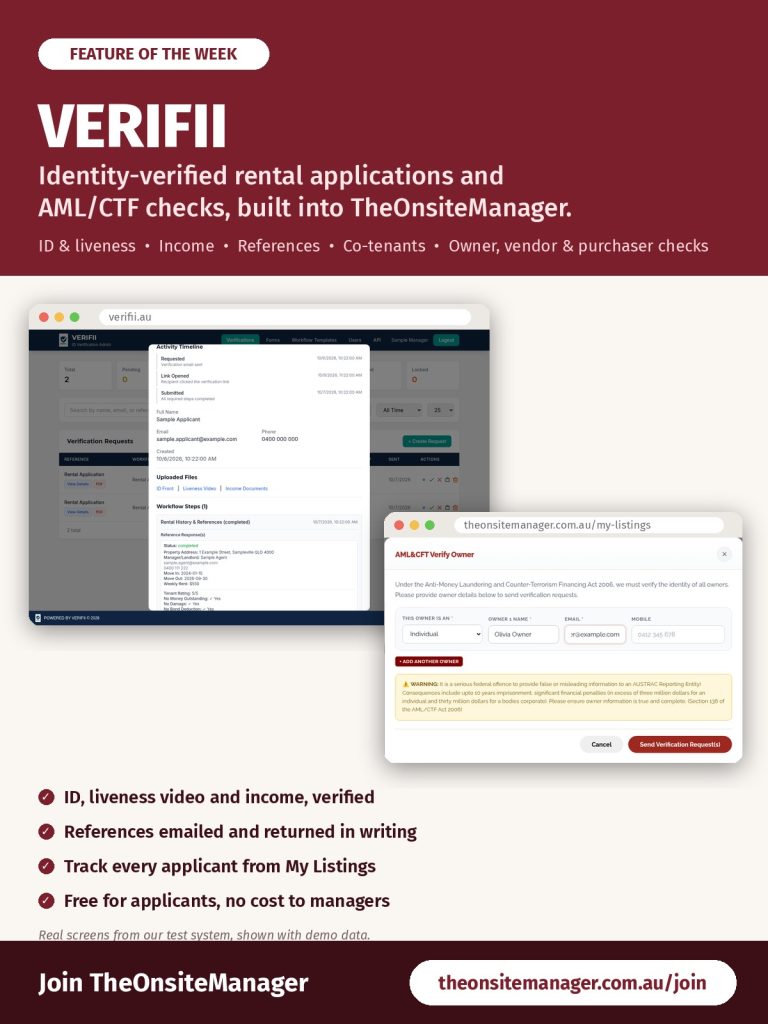 VERIFII identity-verified rental applications and AML/CTF checks in TheOnsiteManager, shown with demo data
